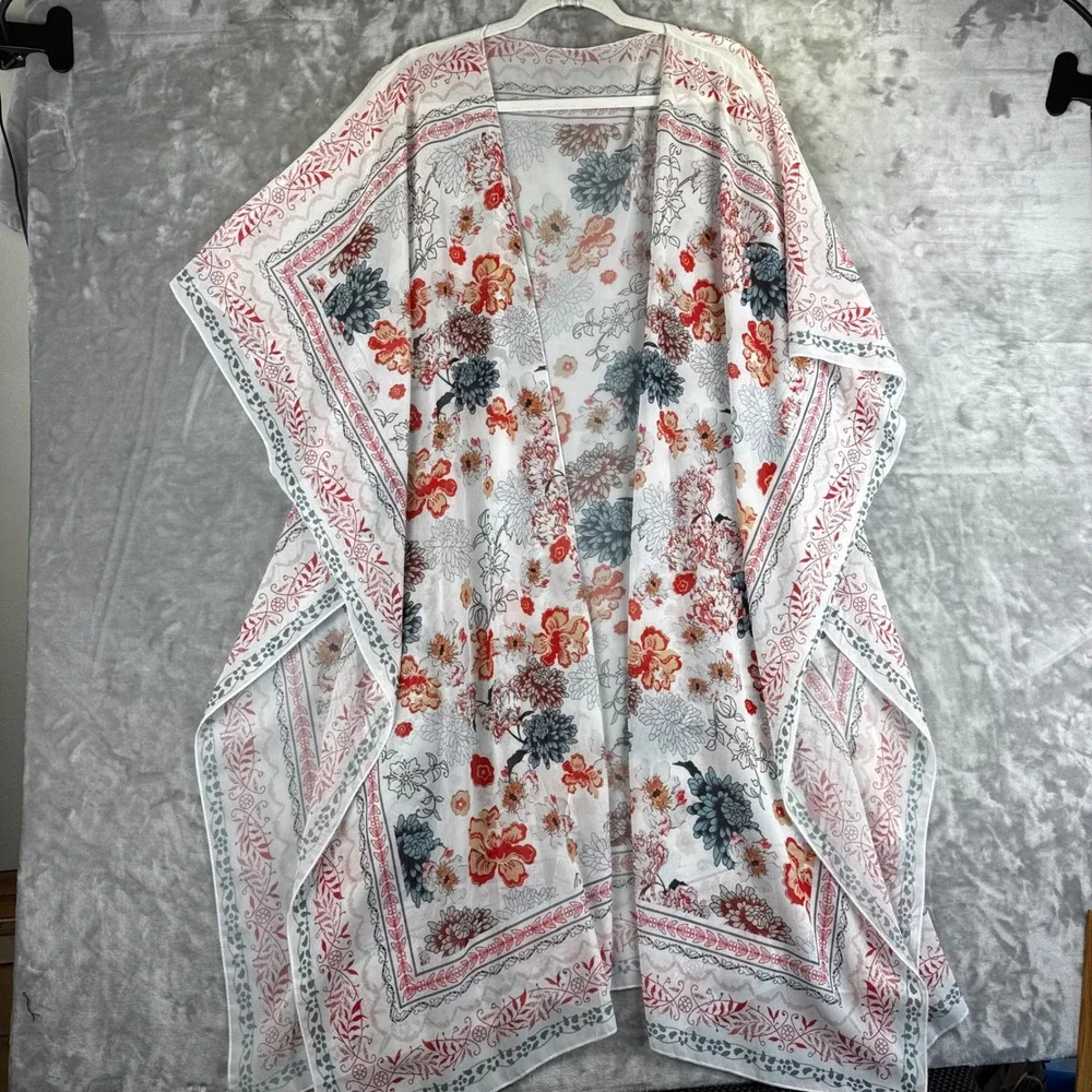Unbranded Floral Kimono Cover Up Women One Size White Multicolor Draped (1685)